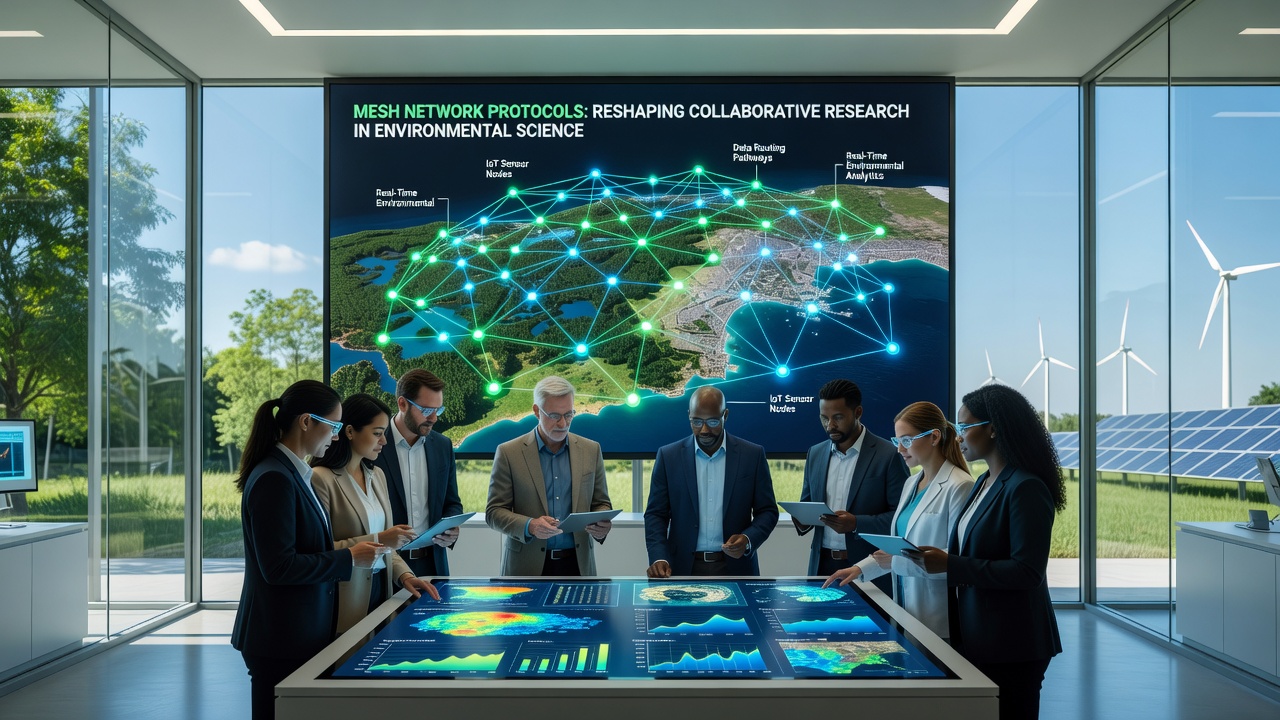 Collaborative team reviewing real-time environmental sensor data transmitted via mesh network protocols