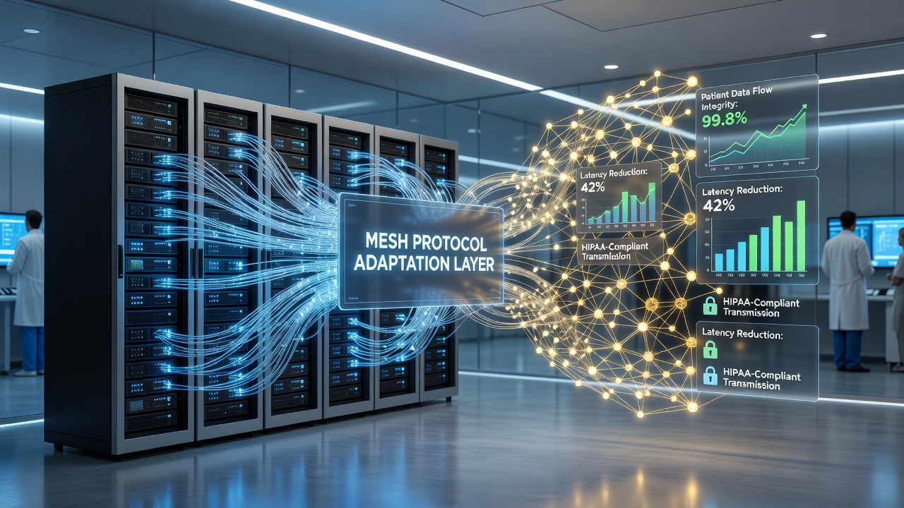 Close-up of medical sensors connected through wireless mesh nodes in a clinical ward